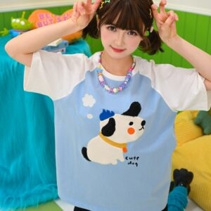 T-shirt imprimé chien mignon bleu Kawaii Cute kawaii