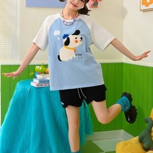 Kawaii Blue Cute Dog Print T-shirt Cute kawaii