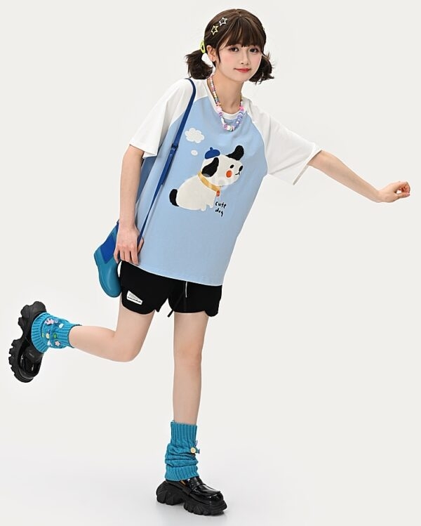 Kawaii blaues süßes Hunde-Print-T-Shirt Süßes Kawaii