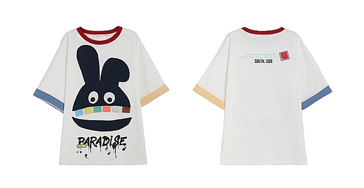 Camiseta de cuello redondo con estampado de conejo de dientes grandes de dibujos animados Kawaii