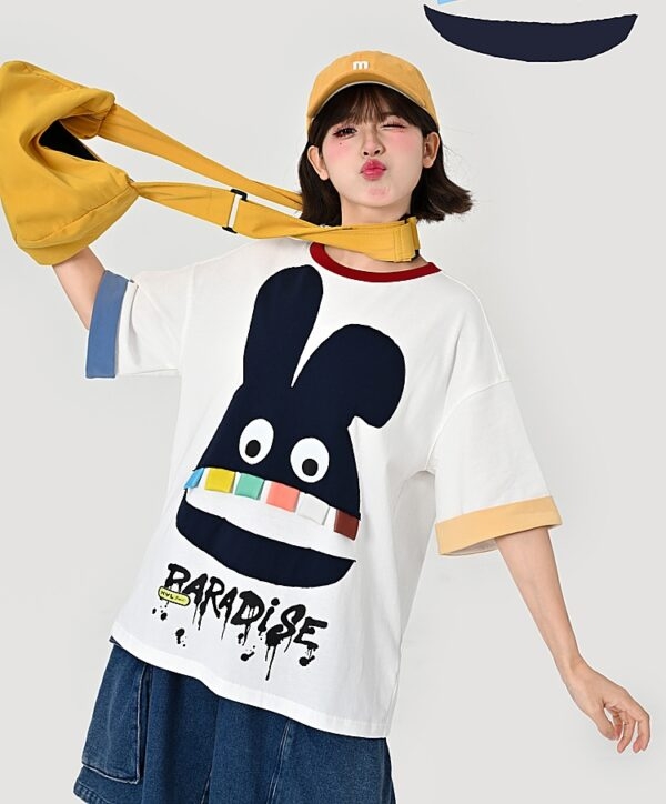 Camiseta con cuello redondo y estampado de conejo con dientes grandes de dibujos animados Kawaii Conejo de dientes grandes kawaii