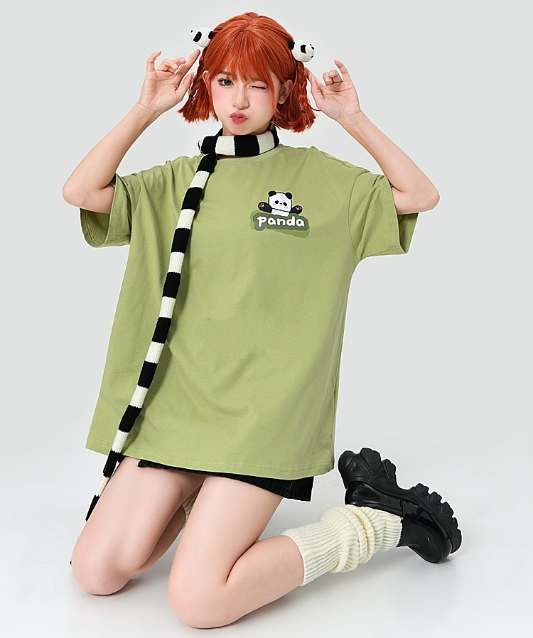 카와이 귀여운 팬더 프린트 오버사이즈 티셔츠