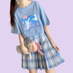 Camiseta Kawaii Japonês Desenho Coelho Azul
