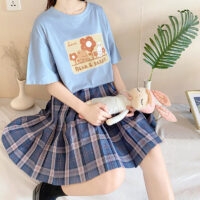 Kawaii Soft Girl Style Cartoon Bear Print T-shirt blue kawaii