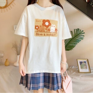 Kawaii Soft Girl Style Cartoon Bear Print T-shirt blue kawaii