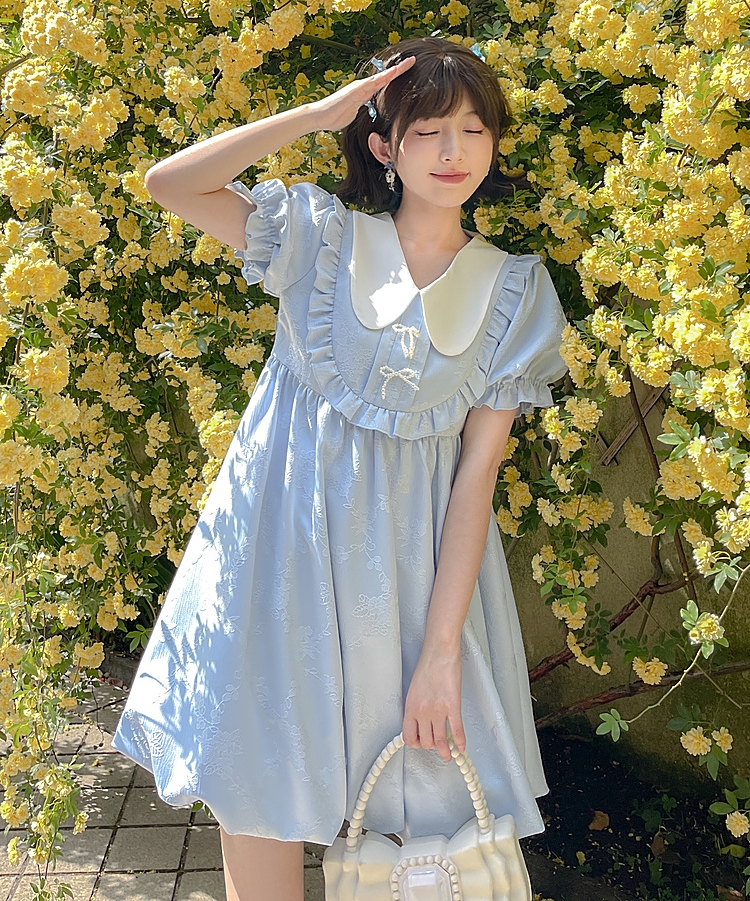 Summer Sweet Blue Puff Sleeve Doll Collar Bud Dress - Kawaii Fashion ...