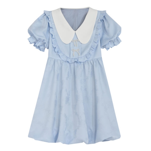Vestido de botones con cuello de muñeca y manga abullonada azul dulce de verano 4