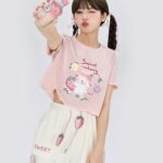 Camiseta curta rosa estilo menina doce e macia de verão Garota Mori kawaii