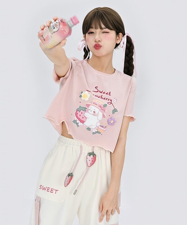 T-shirt court rose de Style fille douce et douce d'été Fille Mori kawaii