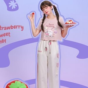 여름 달콤한 부드러운 소녀 스타일 핑크 짧은 티셔츠 모리걸 카와이
