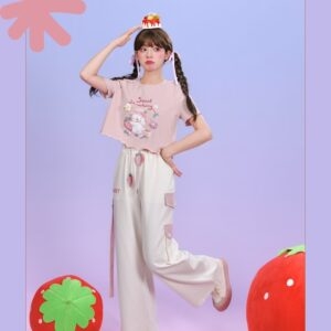 여름 달콤한 부드러운 소녀 스타일 핑크 짧은 티셔츠 모리걸 카와이