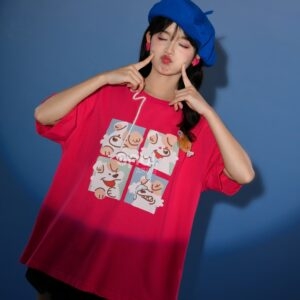Camiseta con estampado de cachorro cómico de dibujos animados de estilo dulce Color de fruta kawaii