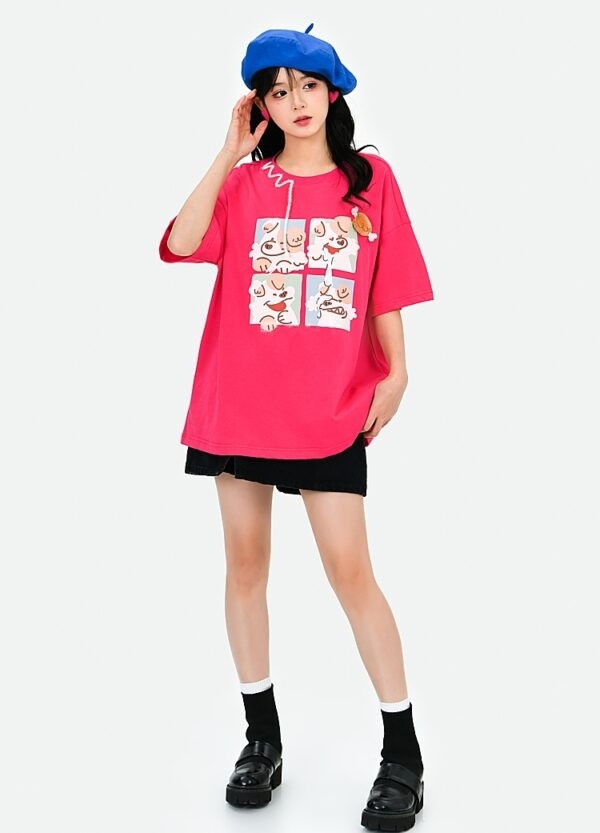 T-shirt imprimé chiot de bande dessinée de style doux Couleur des fruits kawaii
