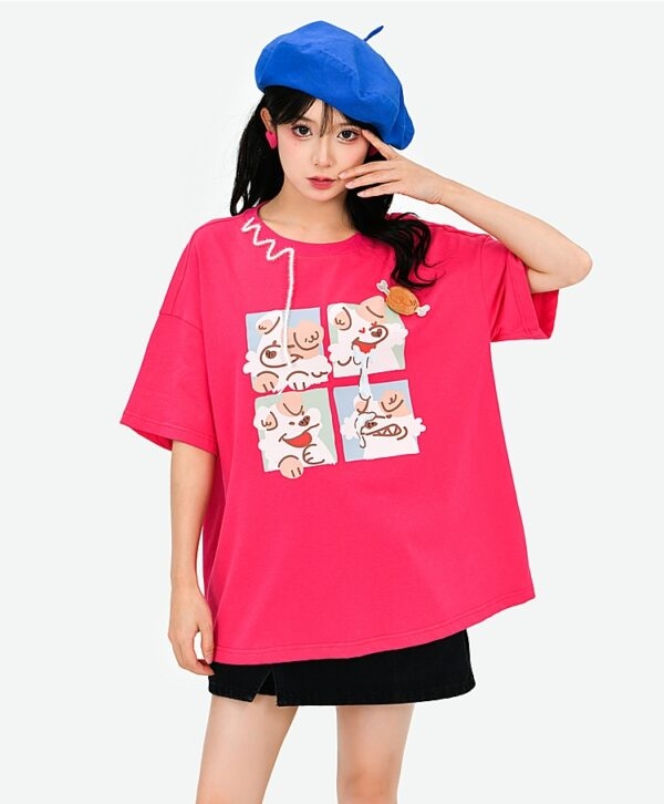 T-shirt imprimé chiot de bande dessinée de style doux Couleur des fruits kawaii