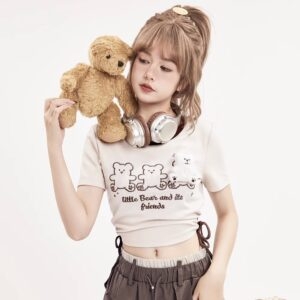 Cute Bear Doll Embroidered Contrast Color T-Shirt bear kawaii