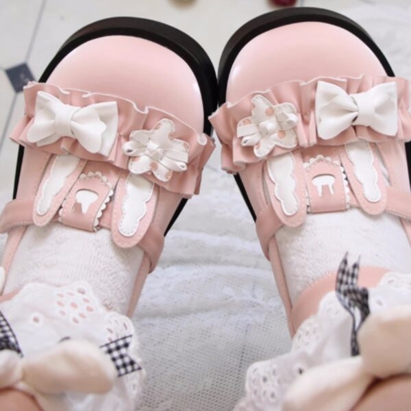 Lindos zapatos de lolita con punta redonda y lazo de conejo lindo kawaii