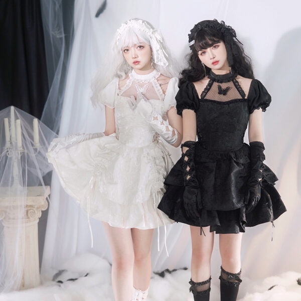Vit enfärgad spets Bubble Sleeve Lolita kjol Lolita klänning kawaii