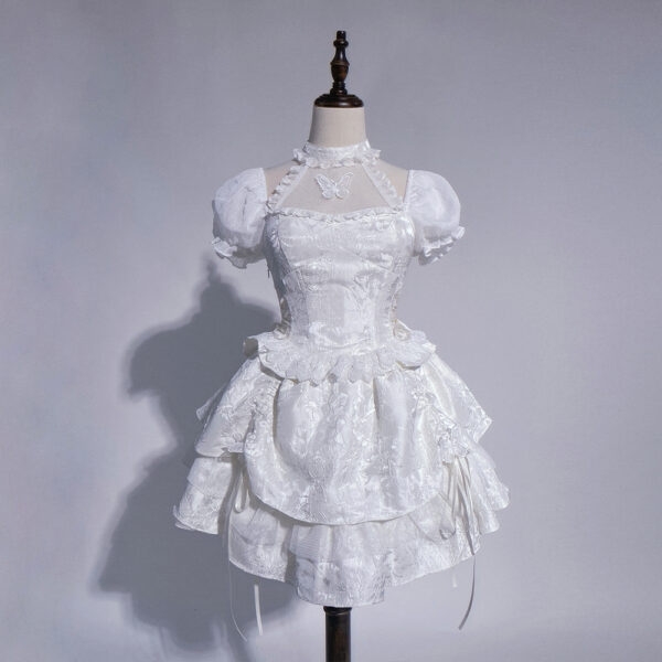 Saia lolita branca de cor sólida com renda e manga bolha Vestido lolita kawaii