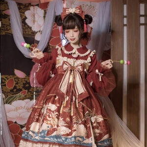 Sweet Bow Ruffle Lace Sleeves Lolita Dress autumn kawaii