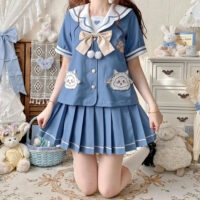 Conjunto de saia uniforme de marinheiro JK azul fofo kawaii azul