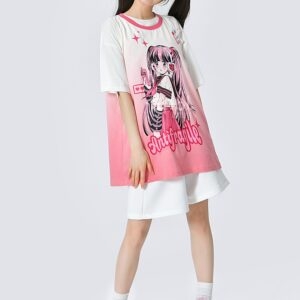 تي شيرت صيفي بدون أكمام بطبعة فتاة مانغا وردي اللون بتصميم Y2K مانغا كاواي