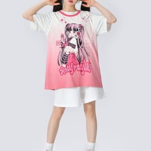 여름 Y2K 스타일 핑크 만화 소녀 프린트 민소매 티셔츠 만화가와이이