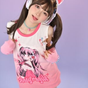 T-shirt sans manches imprimé Manga Girl, style été Y2K, rose Mangas kawaii
