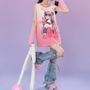Summer Y2K Style Pink Manga Girl Print Sleeveless T-shirt Manga kawaii