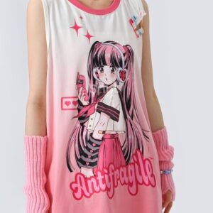 Letnia koszulka bez rękawów w stylu Y2K z różową mangą i nadrukiem dla dziewczynek Kawaii manga