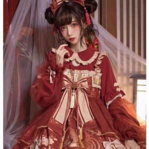 Vestido de lolita con mangas de encaje y volantes con lazo dulce otoño kawaii