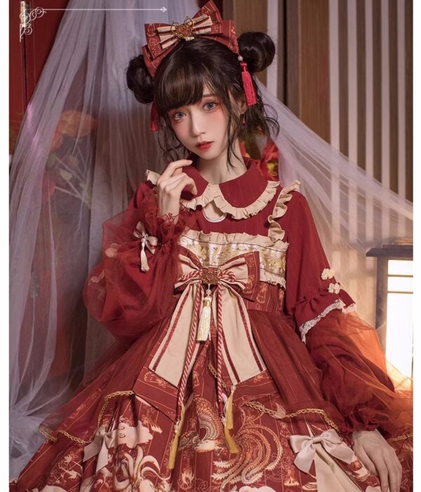 Vestido Lolita com mangas de renda com babados e laço doce outono kawaii