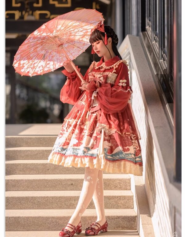 Sweet Bow Ruffle Lace Sleeves Lolita Dress autumn kawaii