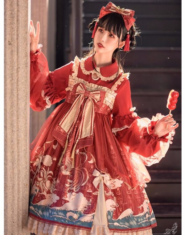 Vestido Lolita com mangas de renda com babados e laço doce outono kawaii