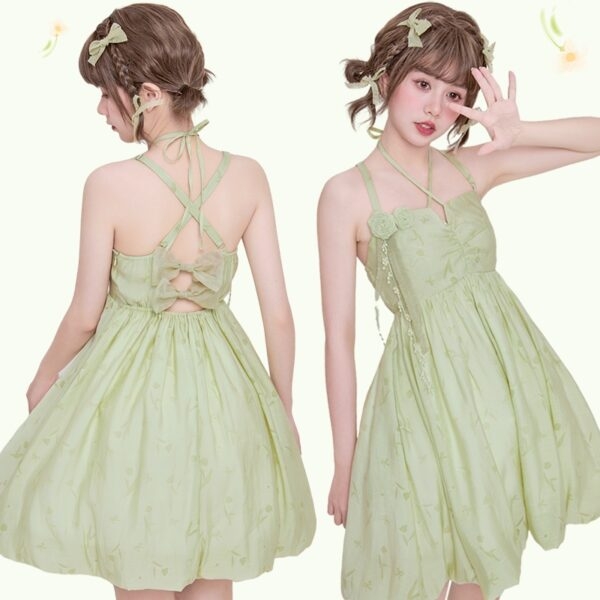 Süßes, grünes, rückenfreies Sling-Kleid mit Schleifenknoten Rückenfreies Kawaii