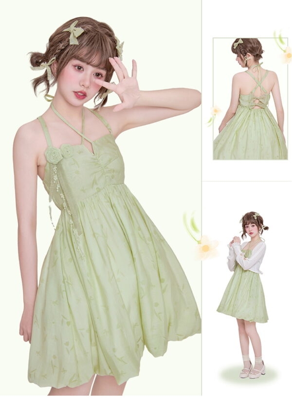 Sukienka w słodkim stylu, z zieloną kokardką i odkrytymi plecami Kawaii bez pleców