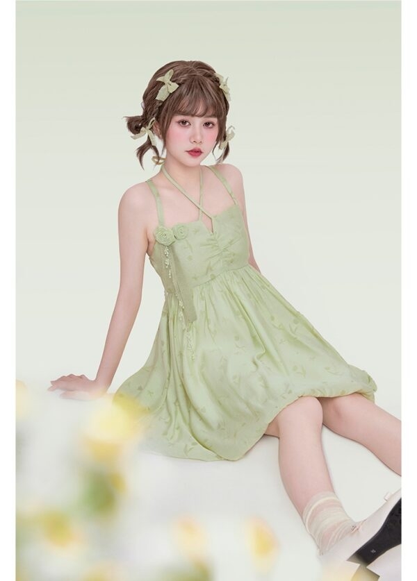 Vestido de tirantes sin espalda con nudo de lazo verde de estilo dulce Kawaii sin espalda
