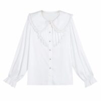 Chemise blanche à coutures en dentelle de style doux automne kawaii
