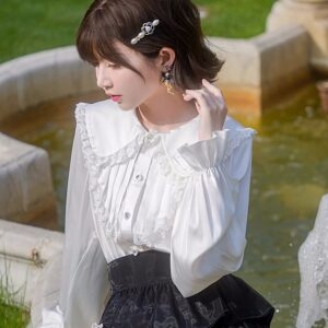 Camisa blanca con costuras de encaje estilo dulce otoño kawaii