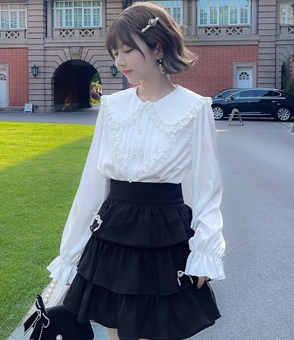 Camisa blanca con costuras de encaje estilo dulce otoño kawaii