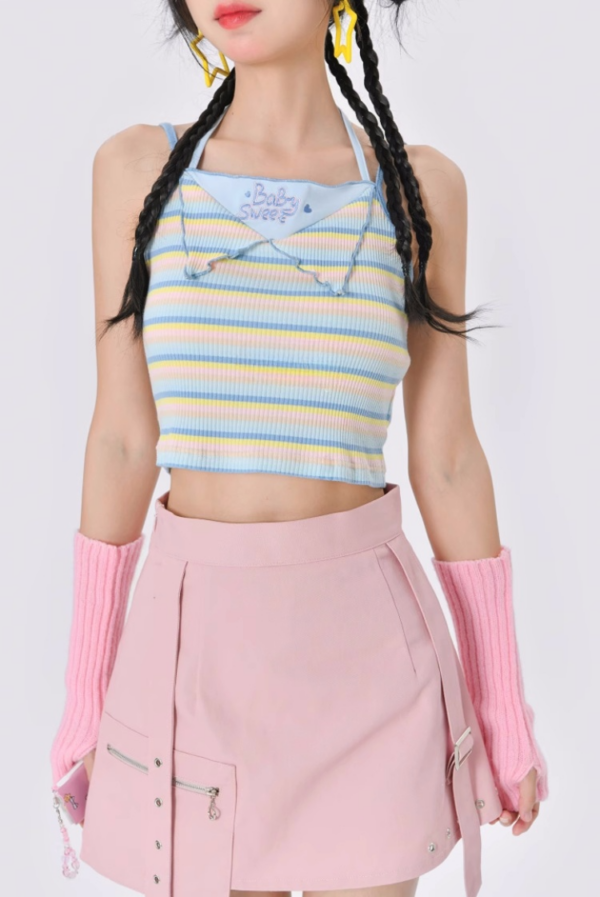 Sweet Summer Style Rainbow Pinstripe Vest Fake Two-piece kawaii