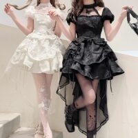 화이트 솔리드 컬러 레이스 버블 슬리브 로리타 스커트 로리타 드레스 카와이