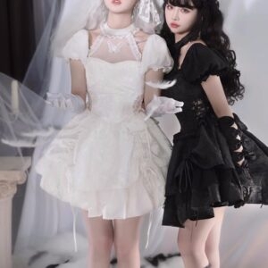 Saia lolita branca de cor sólida com renda e manga bolha Vestido lolita kawaii