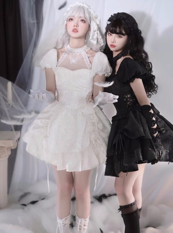 Белая однотонная кружевная юбка в стиле Лолиты с объемными рукавами Платье Лолиты каваи