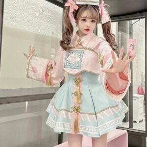 Conjunto de vestido lolita zumbi rosa estilo chinês Estilo chinês kawaii