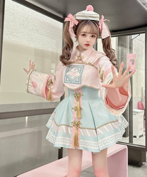 Conjunto de vestido lolita zumbi rosa estilo chinês Estilo chinês kawaii