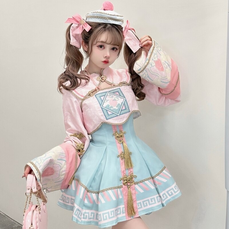 Conjunto de vestido lolita zumbi rosa estilo chinês - Loja de moda Kawaii