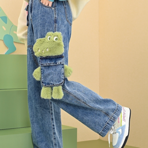 Jeans de perna reta com bordado de crocodilo fofo desenho animado 3D kawaii azul