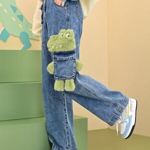 Söta 3D tecknade krokodilbroderier Jeans med raka ben blå kawaii