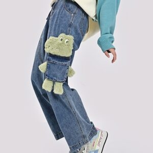 Симпатичные прямые джинсы с 3D-мультяшной вышивкой крокодила синий каваи