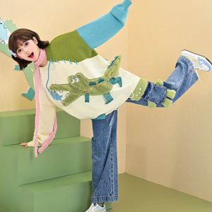 Jeans a gamba dritta con ricamo coccodrillo simpatico cartone animato 3D kawaii blu